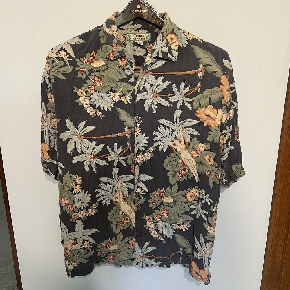 Vintage 90s Tommy Bahama Silk Hawaiian Aloha Hula Girl Tropical Shirt Men Large